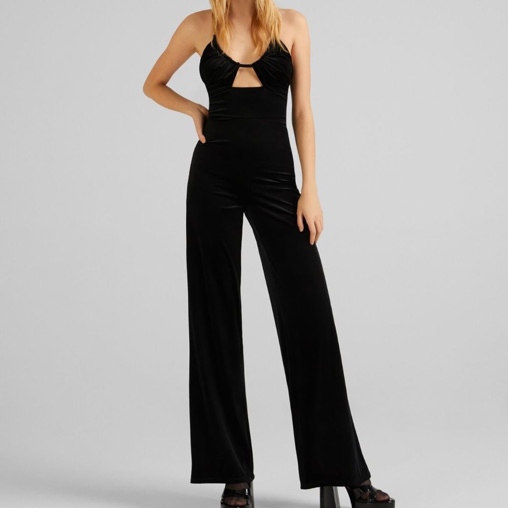 Bershka Velvet Jumpsuit With Rhinestone Straps
